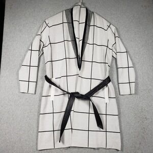 80 Park Women XL White Black Windowpane Plaid Long Belted Cardigan Sweater NWT